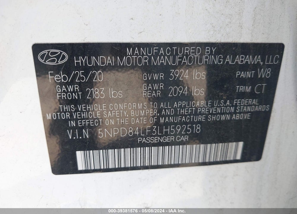 2020 HYUNDAI ELANTRA SEL VIN: 5NPD84LF3LH592518