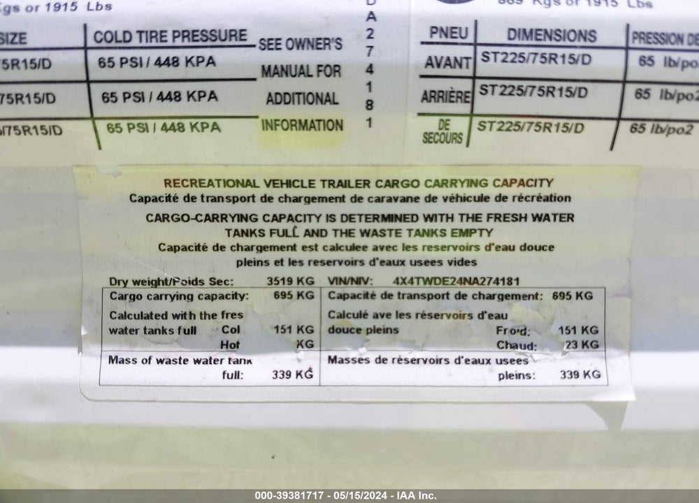 2022 WILDWOOD 296VBUD VIN: 4X4TWDE24NA274181