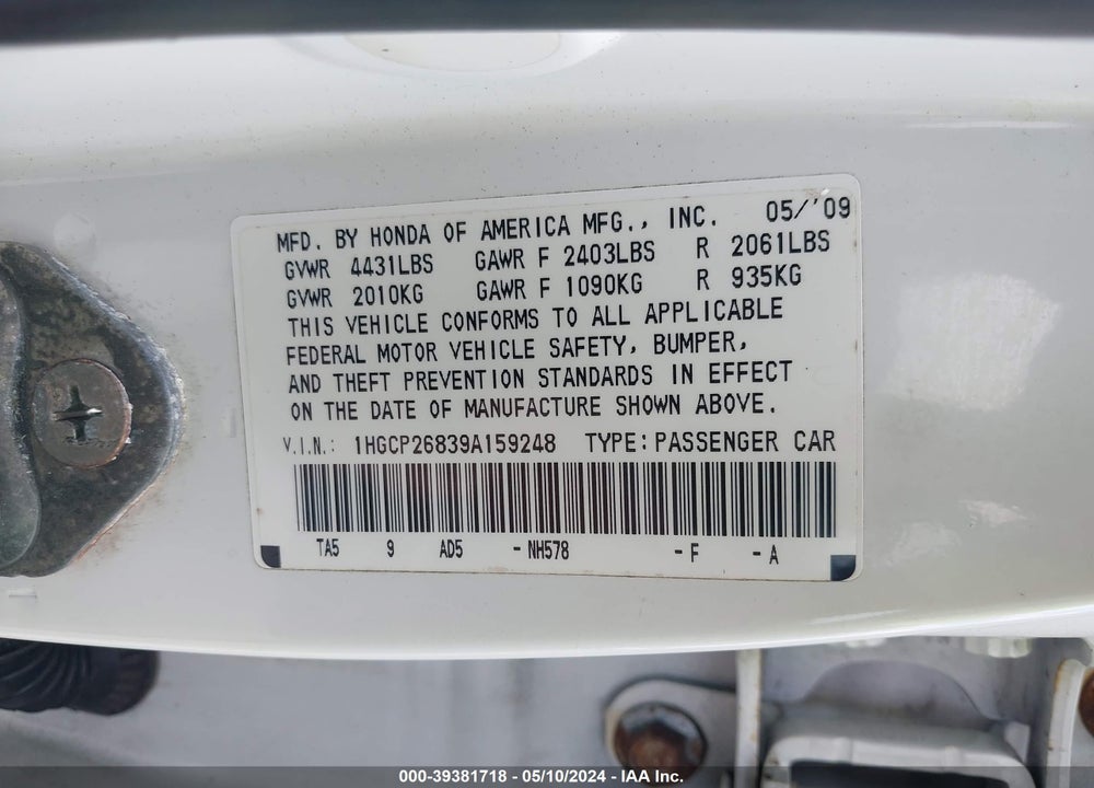 2009 HONDA ACCORD 2.4 EX-L VIN: 1HGCP26839A159248