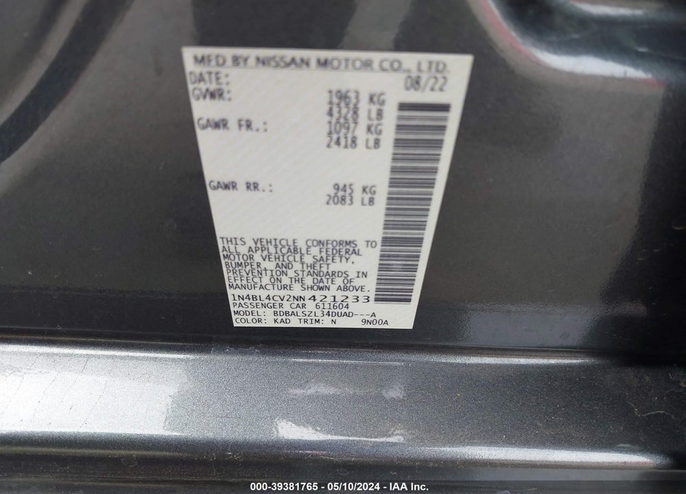 2022 NISSAN ALTIMA SR FWD VIN: 1N4BL4CV2NN421233