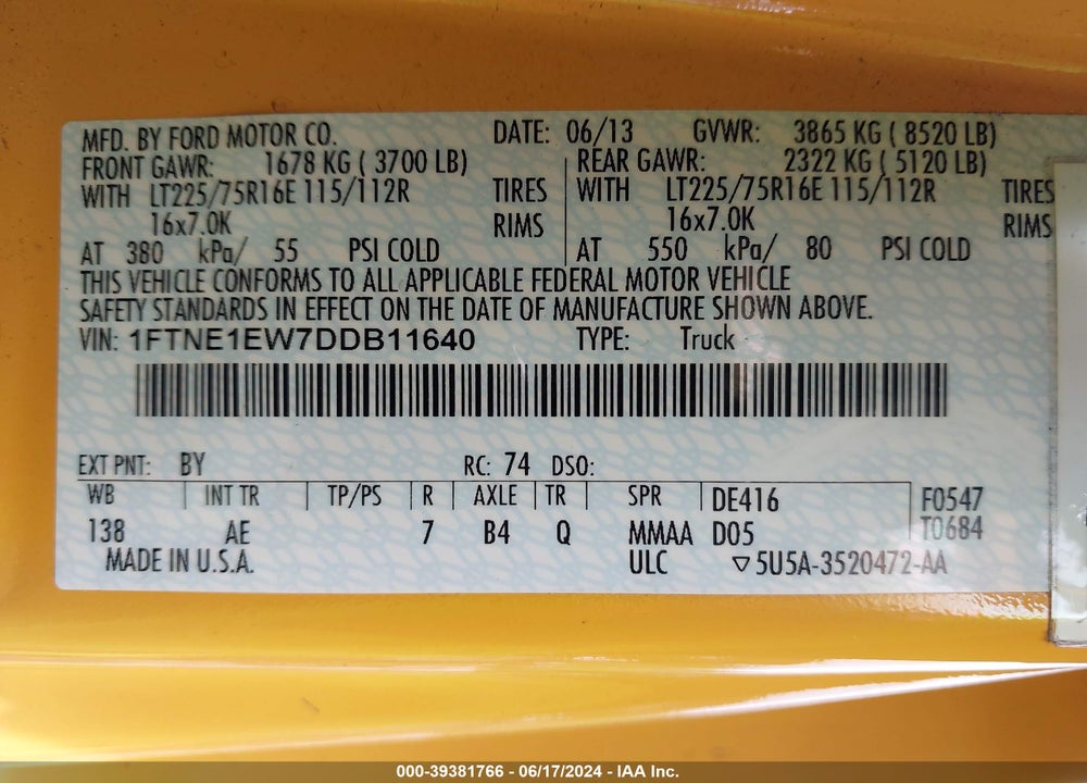 2013 FORD E-150 COMMERCIAL VIN: 1FTNE1EW7DDB11640