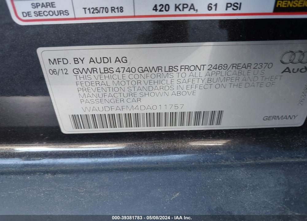 2013 AUDI A3 2.0T PREMIUM VIN: WAUDFAFM4DA011757