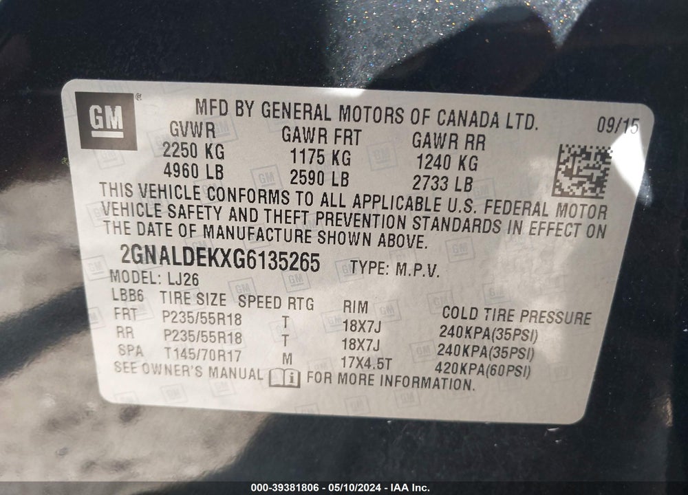 2016 CHEVROLET EQUINOX LTZ VIN: 2GNALDEKXG6135265
