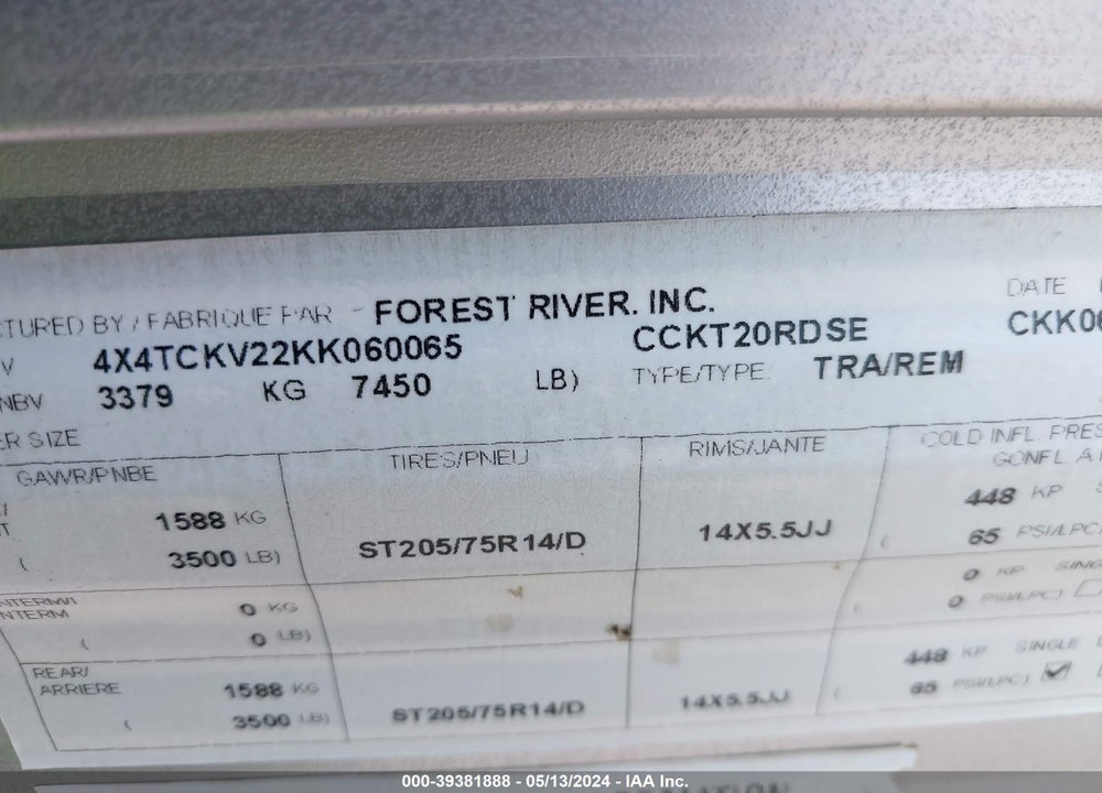2019 CHER CT VIN: 4X4TCKV22KK060065