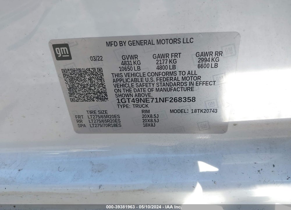 2022 GMC SIERRA 2500HD 4WD  STANDARD BED SLT VIN: 1GT49NE71NF268358