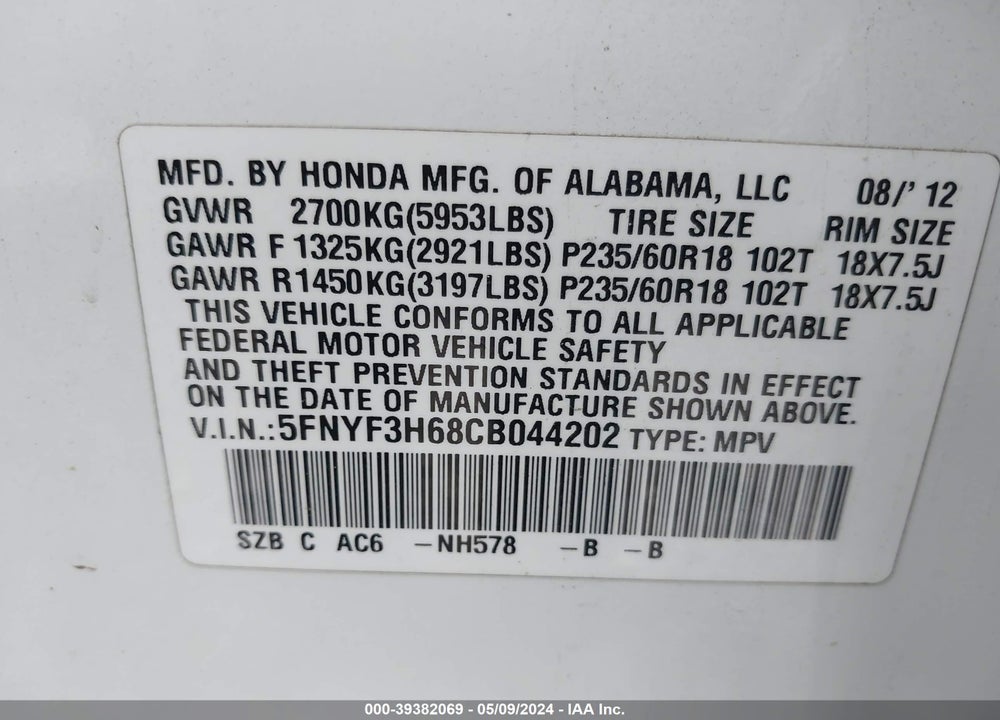 2012 HONDA PILOT EX-L VIN: 5FNYF3H68CB044202