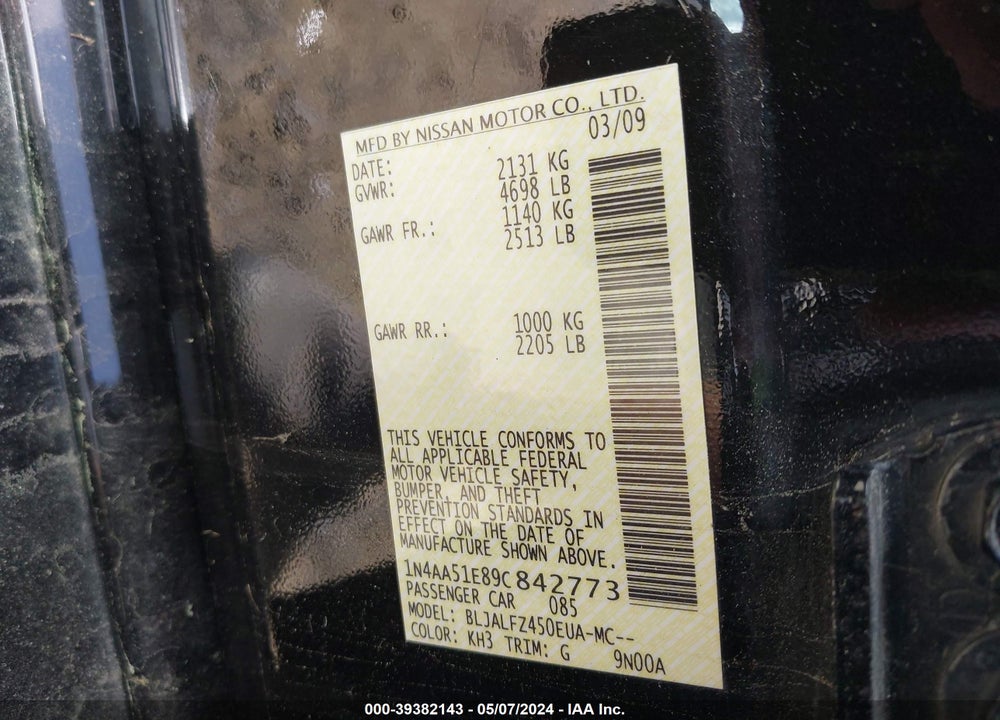 2009 NISSAN MAXIMA 3.5 SV VIN: 1N4AA51E89C842773