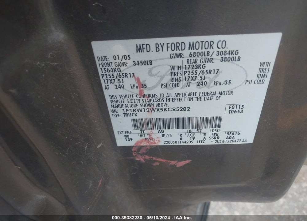 2005 FORD F-150 XLT VIN: 1FTRW12WX5KC85282