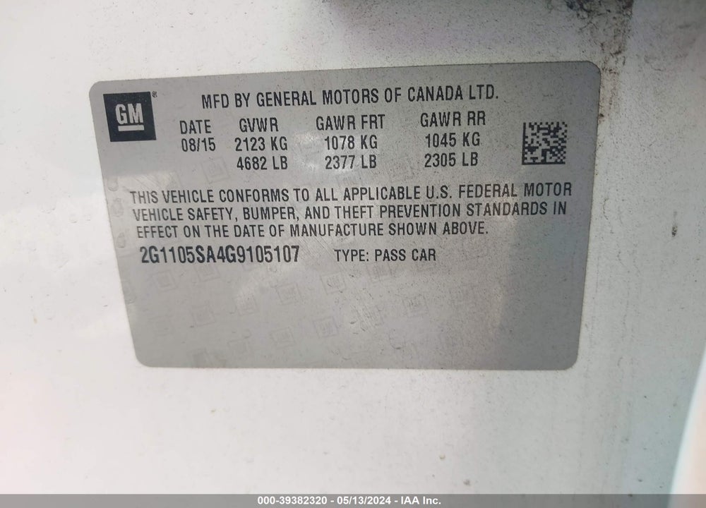 2016 CHEVROLET IMPALA 1LT VIN: 2G1105SA4G9105107