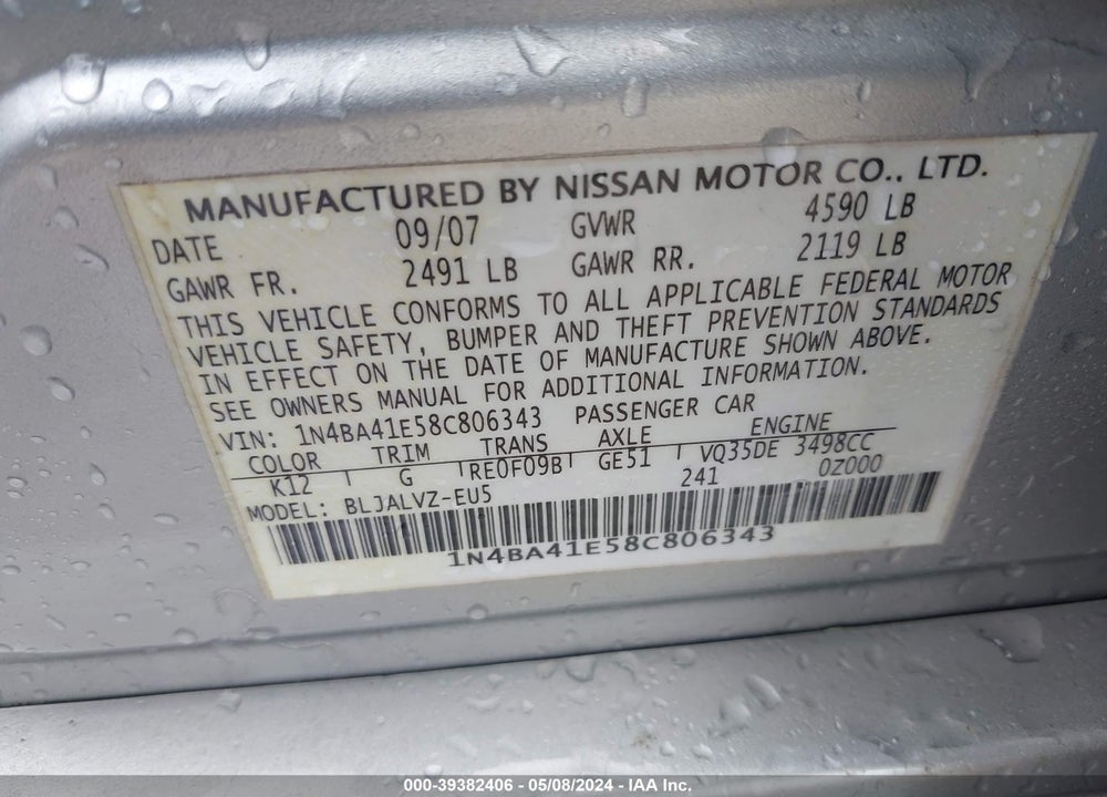 2008 NISSAN MAXIMA 3.5 SE VIN: 1N4BA41E58C806343