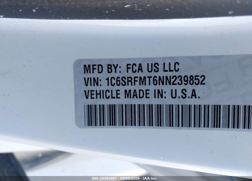 2022 RAM 1500 BIG HORN 4X4 6'4 BOX VIN: 1C6SRFMT6NN239852