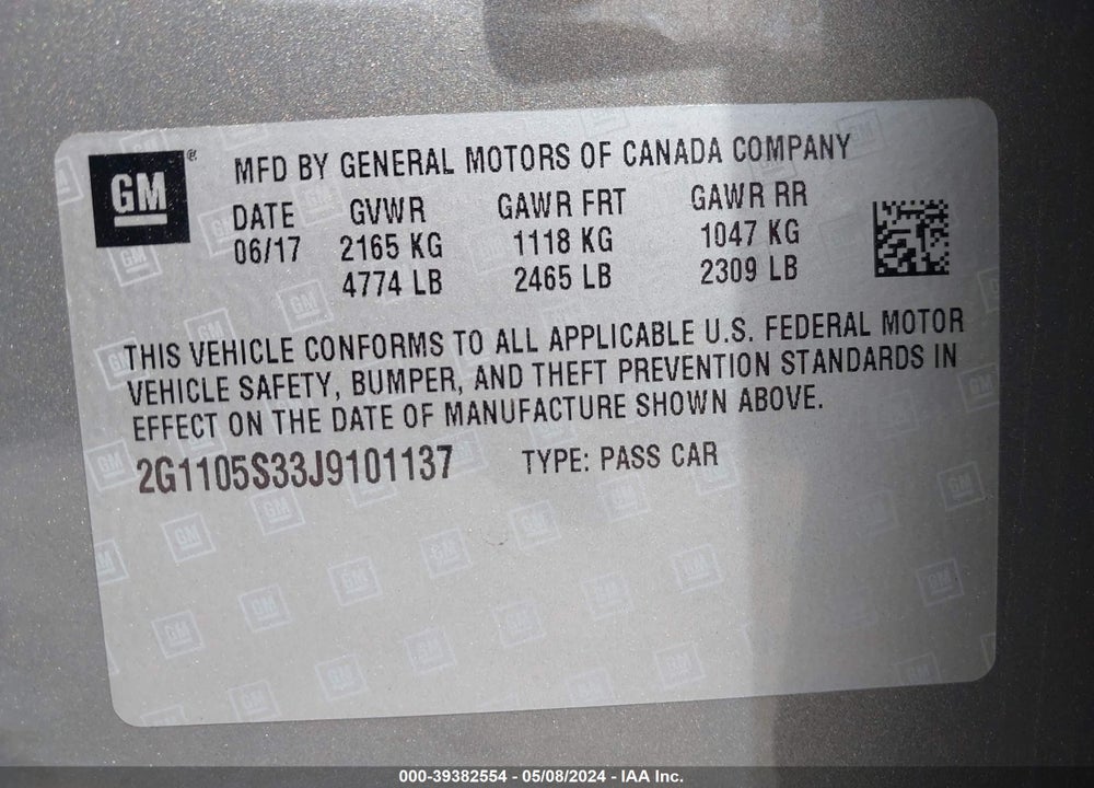 2018 CHEVROLET IMPALA 1LT VIN: 2G1105S33J9101137