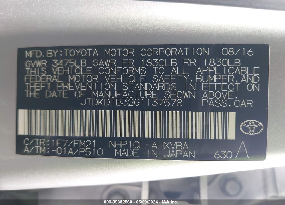 2016 TOYOTA PRIUS C TWO VIN: JTDKDTB32G1137578