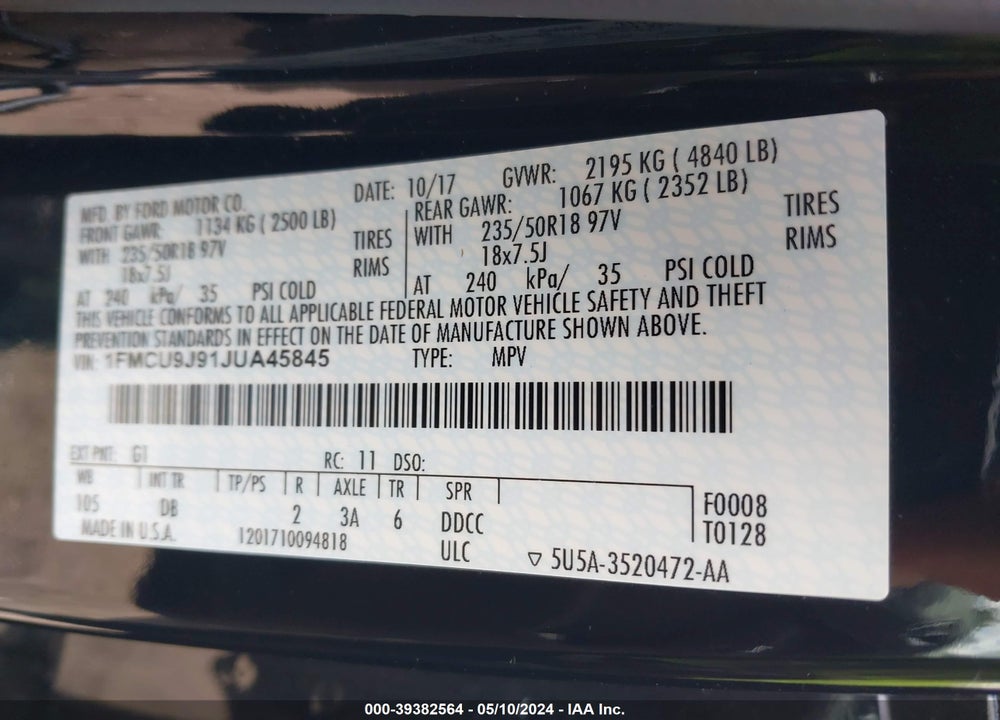 2018 FORD ESCAPE TITANIUM VIN: 1FMCU9J91JUA45845