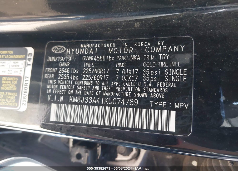 2019 HYUNDAI TUCSON VALUE VIN: KM8J33A41KU074789
