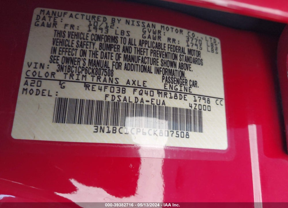 2012 NISSAN VERSA 1.8 S VIN: 3N1BC1CP6CK807508