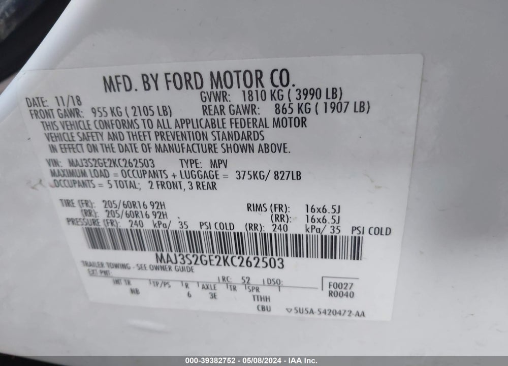 2019 FORD ECOSPORT SE VIN: MAJ3S2GE2KC262503