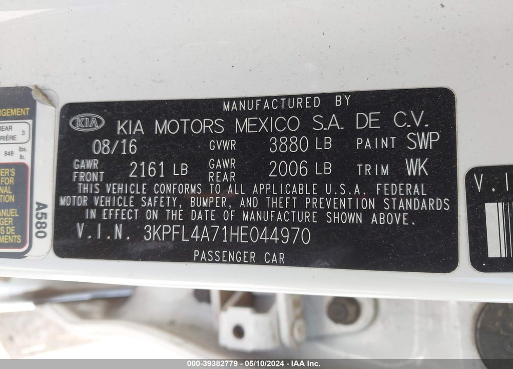 2017 KIA FORTE LX VIN: 3KPFL4A71HE044970