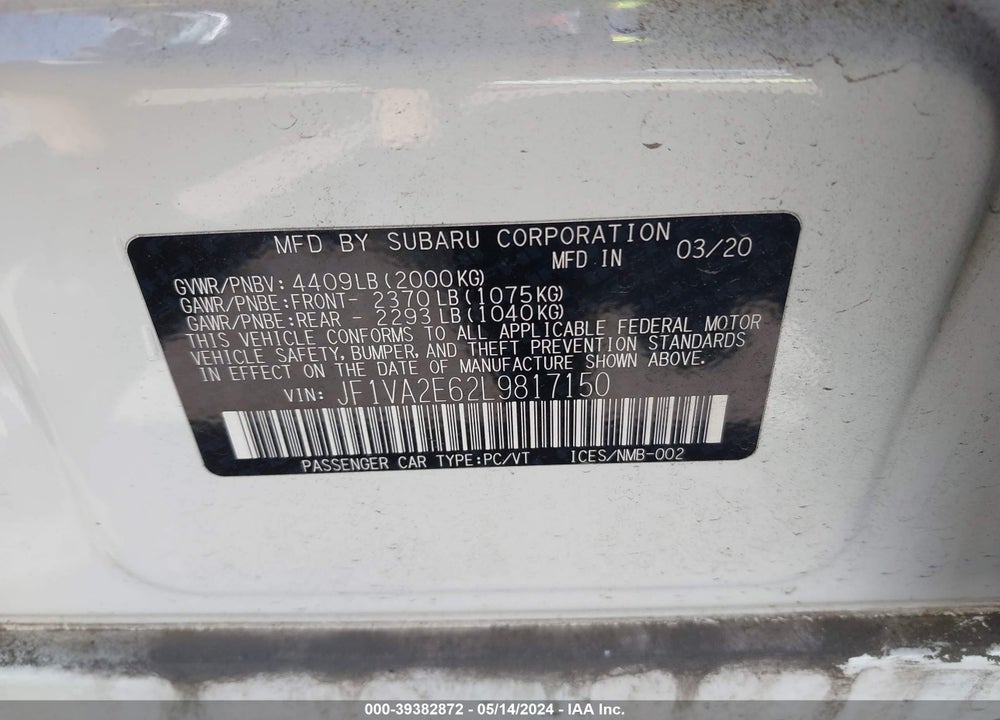2020 SUBARU WRX STI VIN: JF1VA2E62L9817150