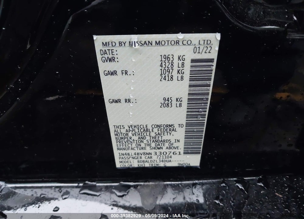2022 NISSAN ALTIMA VIN: 1N4BL4BV8NN330761