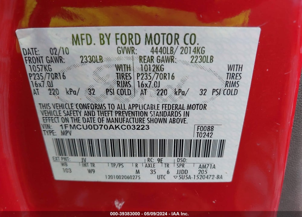 2010 FORD ESCAPE XLT VIN: 1FMCU0D70AKC03223