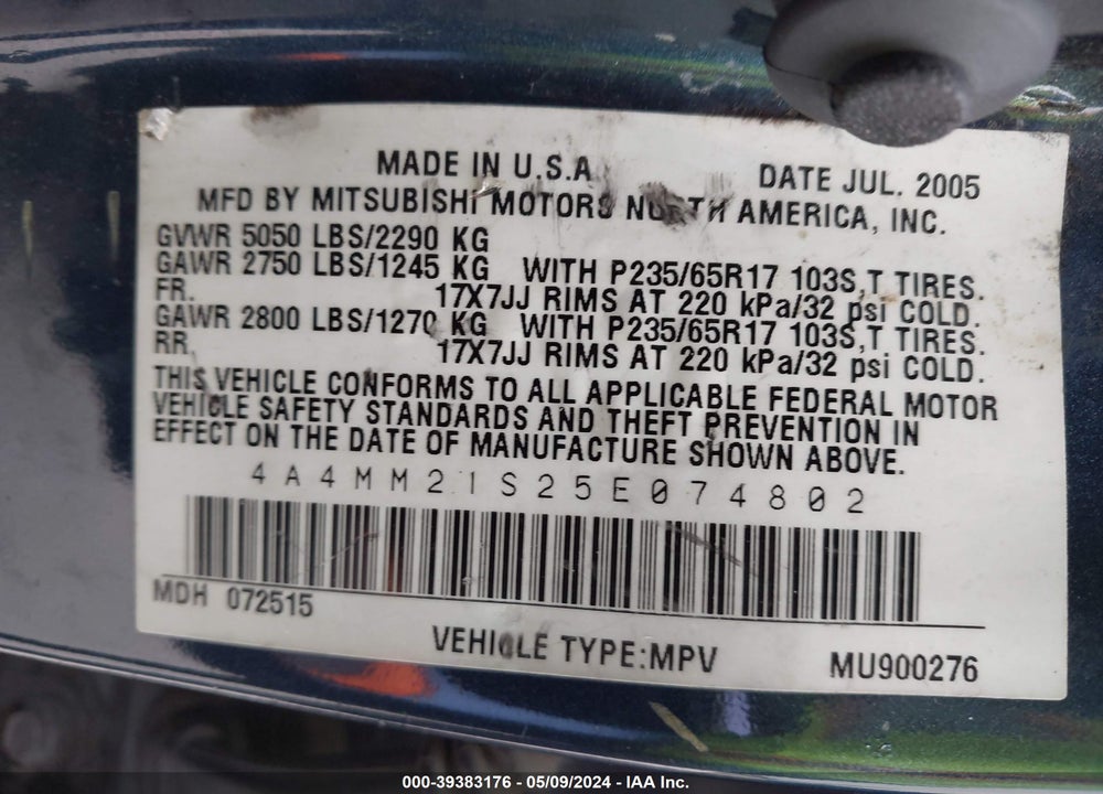 2005 MITSUBISHI ENDEAVOR VIN: 4A4MM21S25E074802