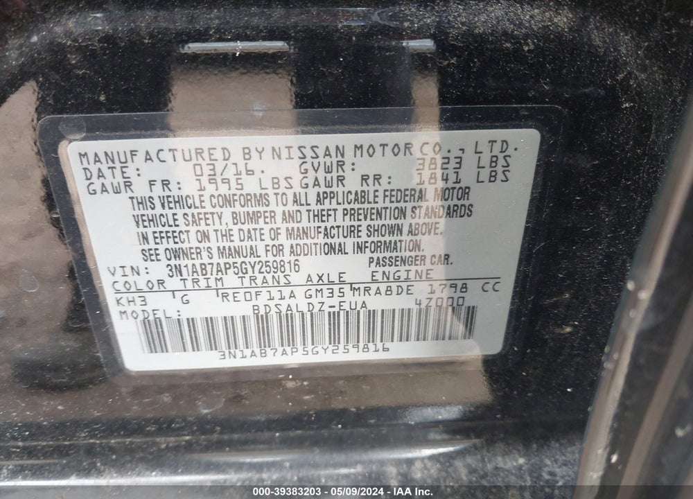 2016 NISSAN SENTRA SV VIN: 3N1AB7AP5GY259816