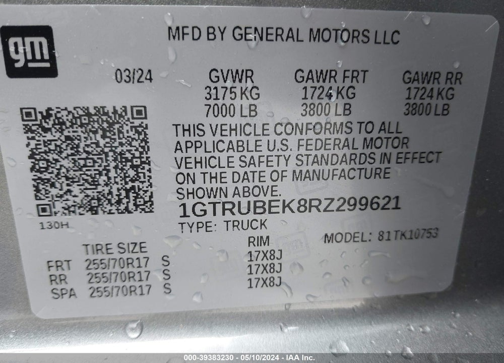 2024 GMC SIERRA 1500 4WD DOUBLE CAB STANDARD BOX SLE VIN: 1GTRUBEK8RZ299621