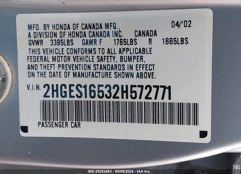 2002 HONDA CIVIC LX VIN: 2HGES16532H572771