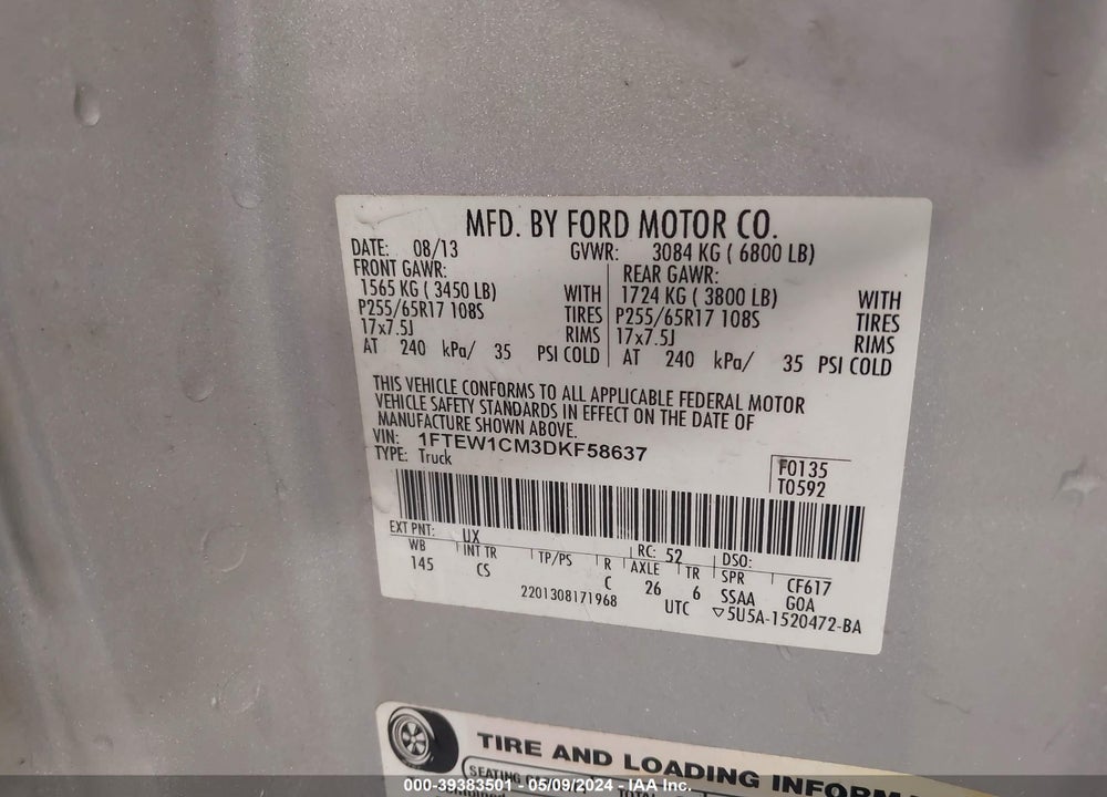 2013 FORD F-150 XL VIN: 1FTEW1CM3DKF58637
