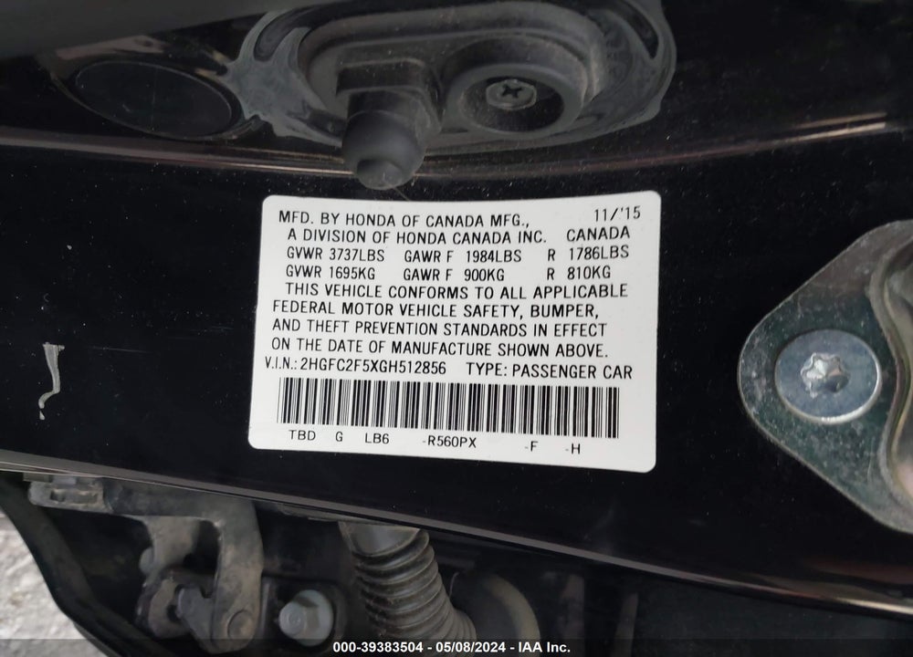 2016 HONDA CIVIC LX VIN: 2HGFC2F5XGH512856