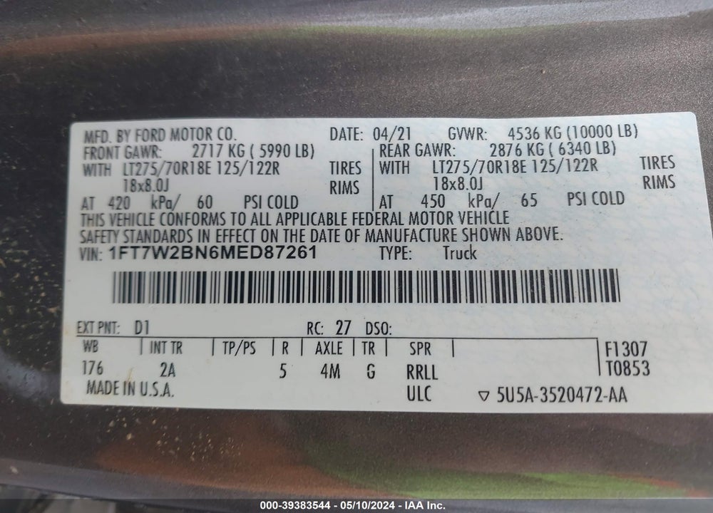 2021 FORD F-250 XLT VIN: 1FT7W2BN6MED87261