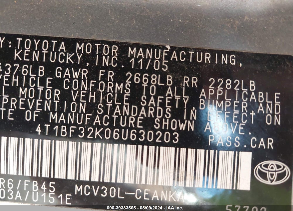 2006 TOYOTA CAMRY LE V6 VIN: 4T1BF32K06U630203