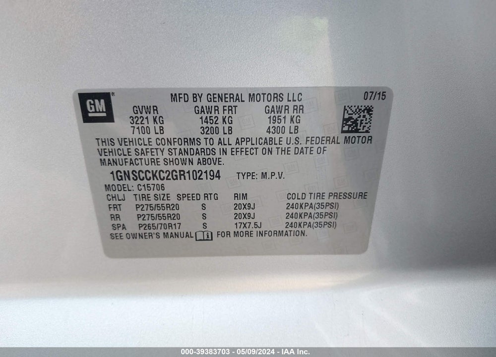 2016 CHEVROLET TAHOE LTZ VIN: 1GNSCCKC2GR102194