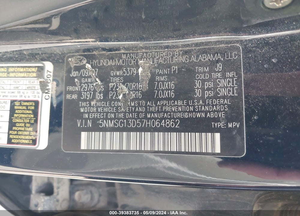 2007 HYUNDAI SANTA FE GLS VIN: 5NMSG13D57H064862