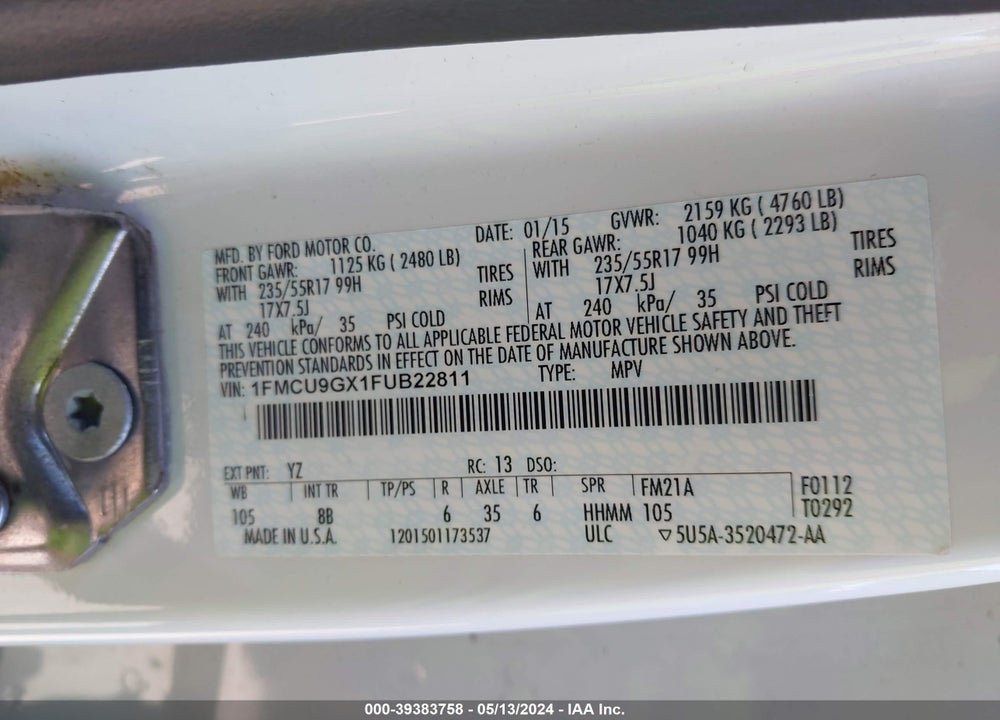 2015 FORD ESCAPE SE VIN: 1FMCU9GX1FUB22811
