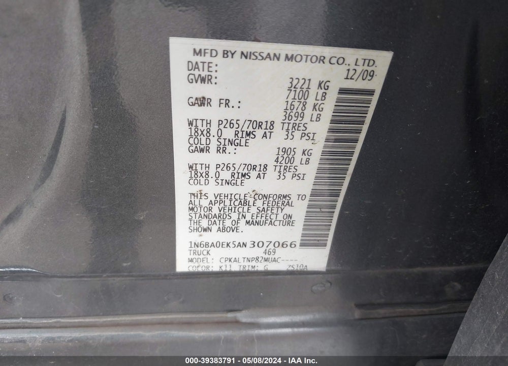2010 NISSAN TITAN SE VIN: 1N6BA0EK5AN307066