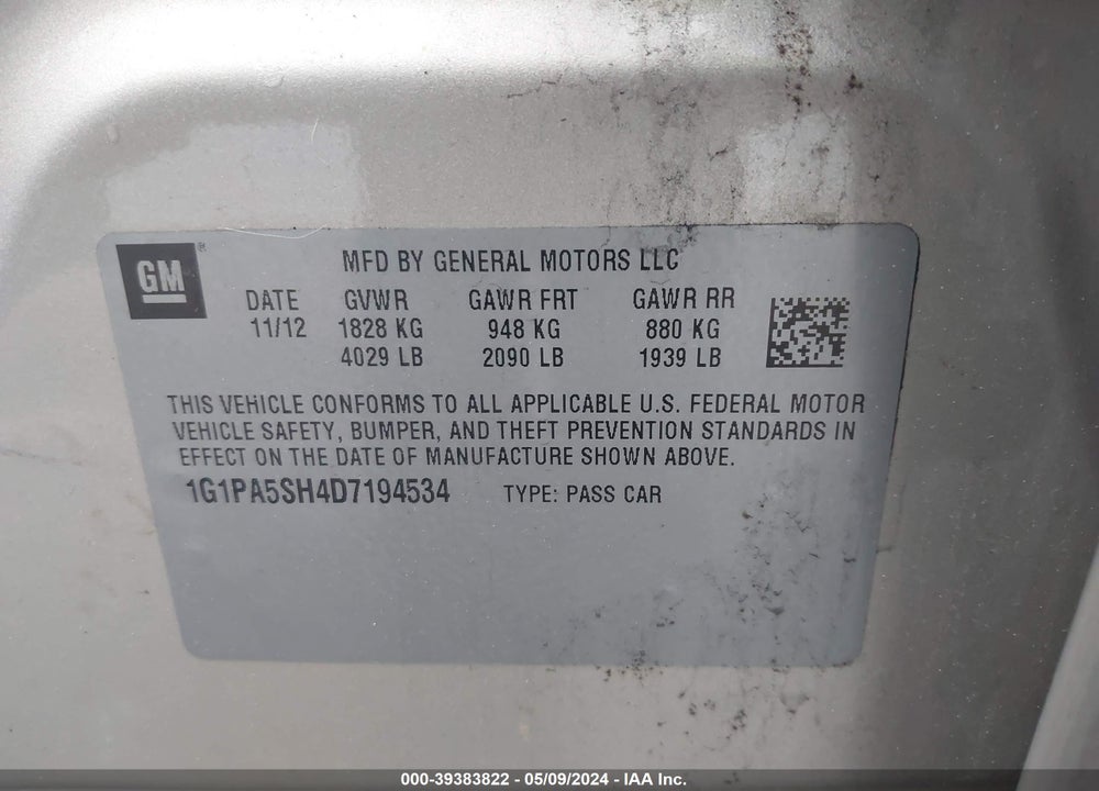2013 CHEVROLET CRUZE LS AUTO VIN: 1G1PA5SH4D7194534