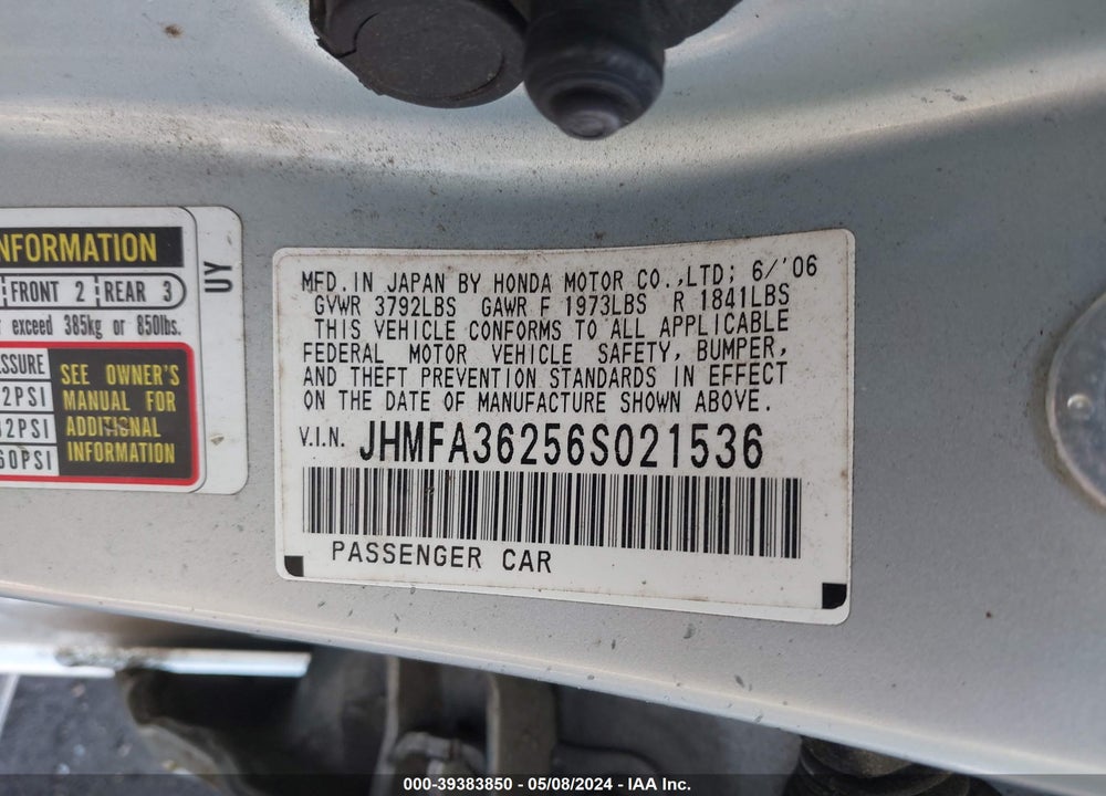 2006 HONDA CIVIC HYBRID VIN: JHMFA36256S021536