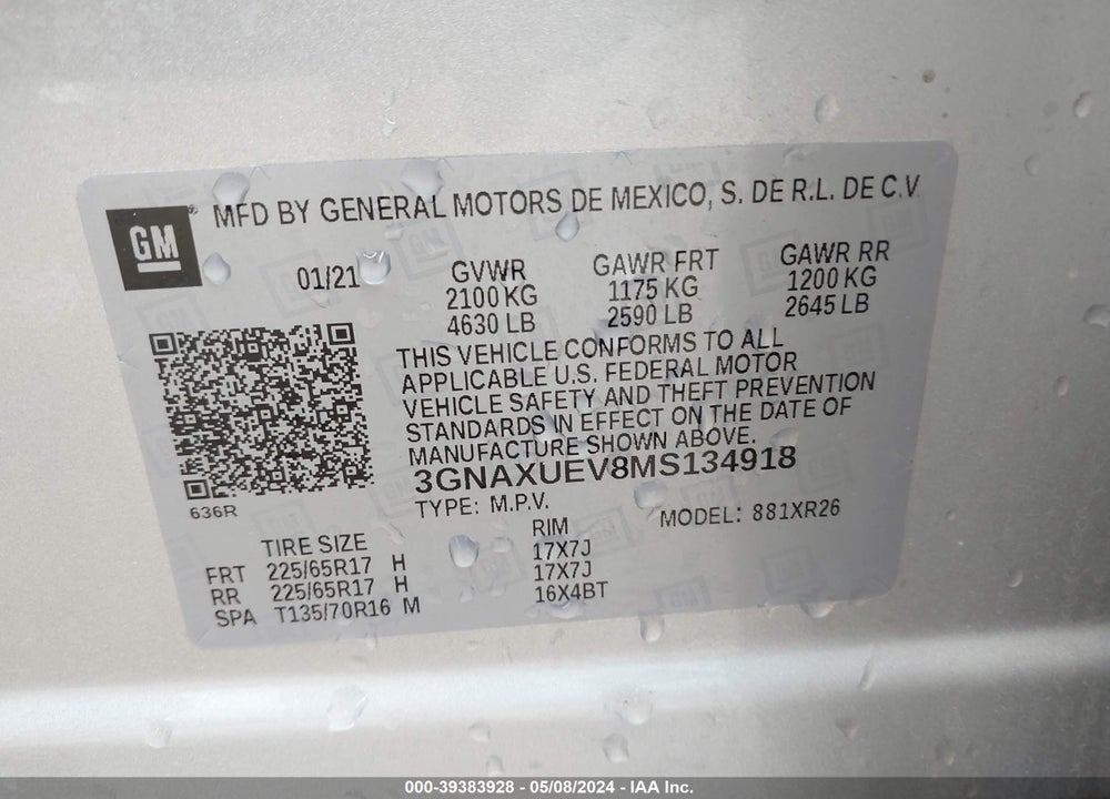 2021 CHEVROLET EQUINOX AWD LT VIN: 3GNAXUEV8MS134918