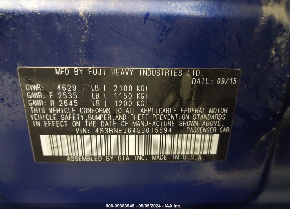 2016 SUBARU LEGACY VIN: 4S3BNEJ64G3015894