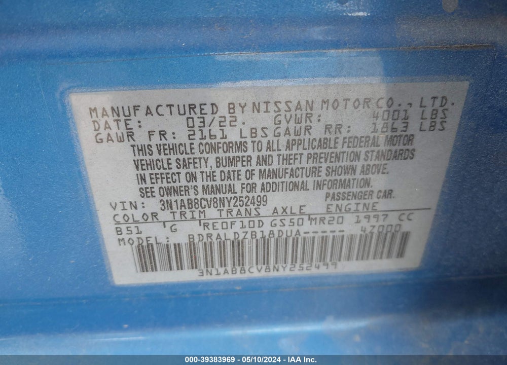 2022 NISSAN SENTRA VIN: 3N1AB8CV8NY252499