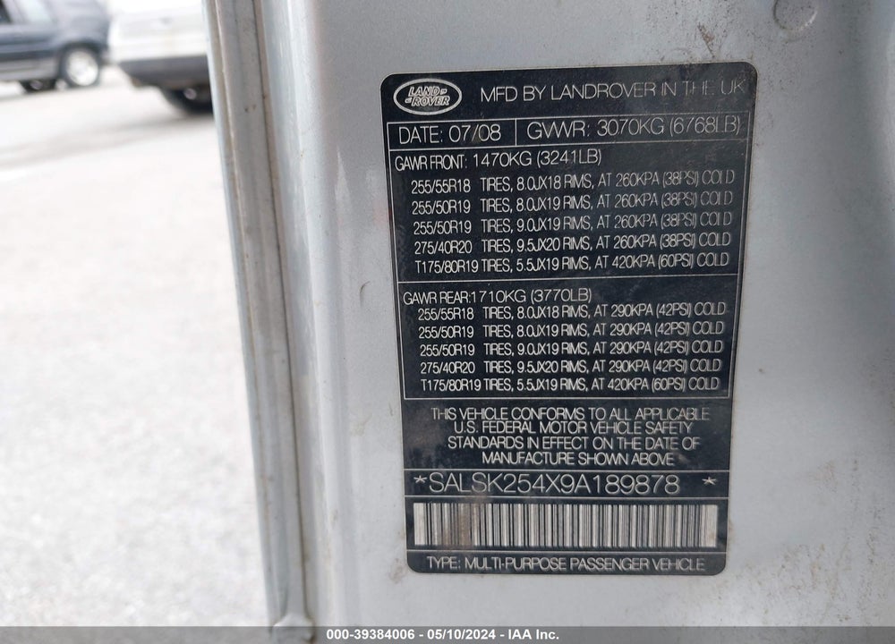 2009 LAND ROVER RANGE ROVER SPORT HSE VIN: SALSK254X9A189878