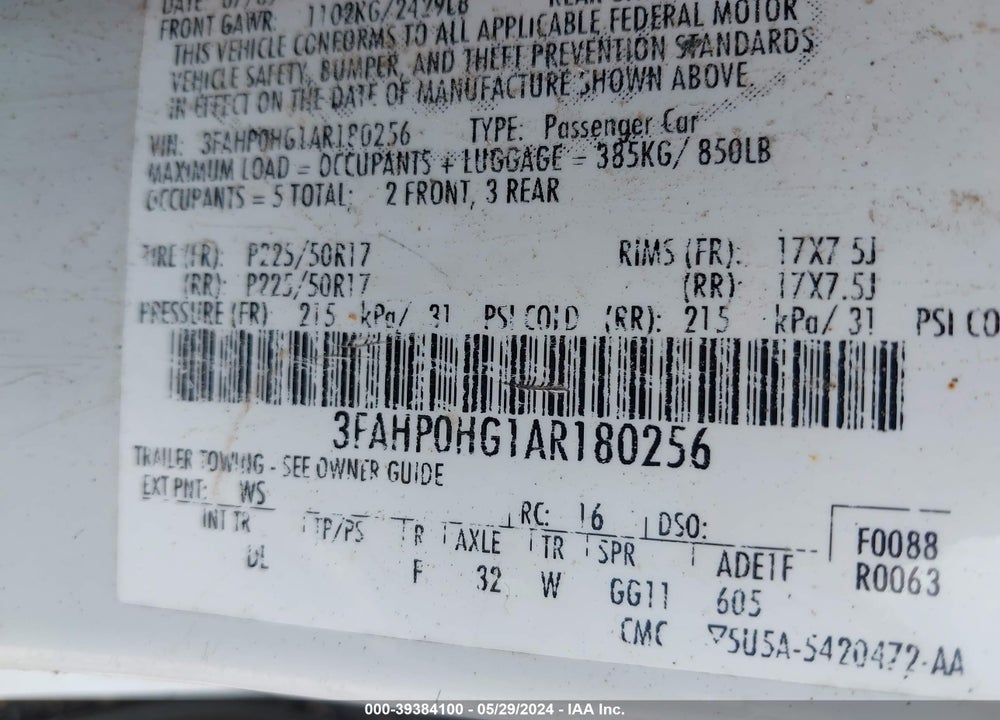 2010 FORD FUSION SE VIN: 3FAHP0HG1AR180256