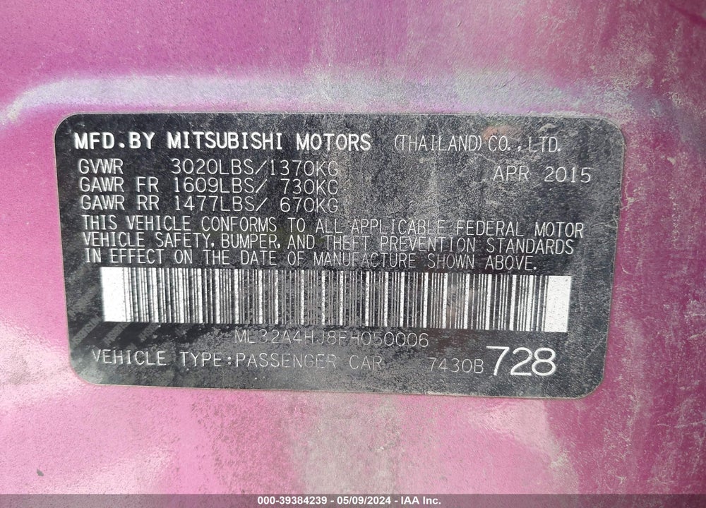 2015 MITSUBISHI MIRAGE ES VIN: ML32A4HJ8FH050006