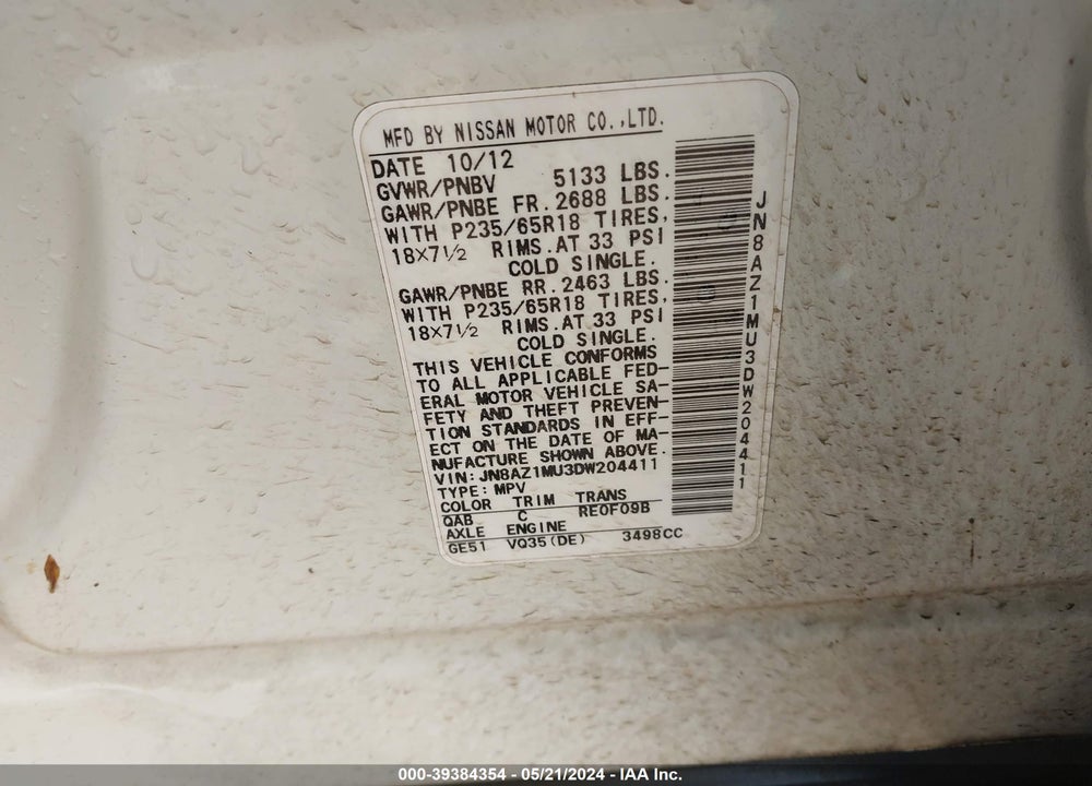2013 NISSAN MURANO SL VIN: JN8AZ1MU3DW204411