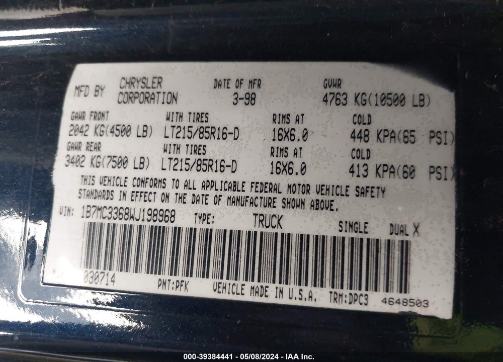 1998 DODGE RAM 3500 ST VIN: 1B7MC3368WJ198968