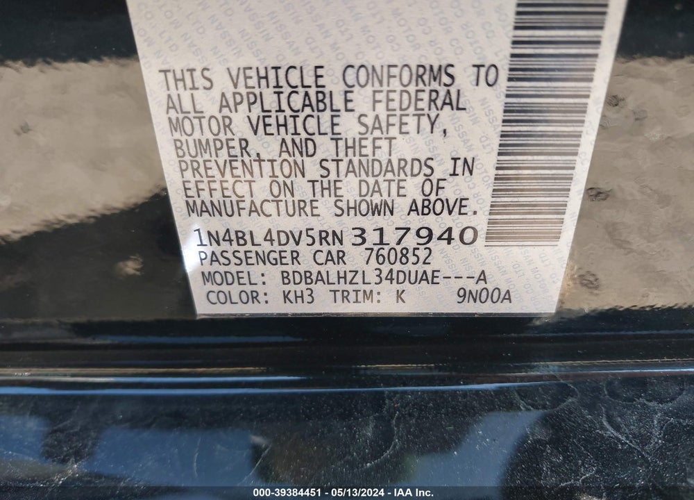 2024 NISSAN ALTIMA SV FWD VIN: 1N4BL4DV5RN317940