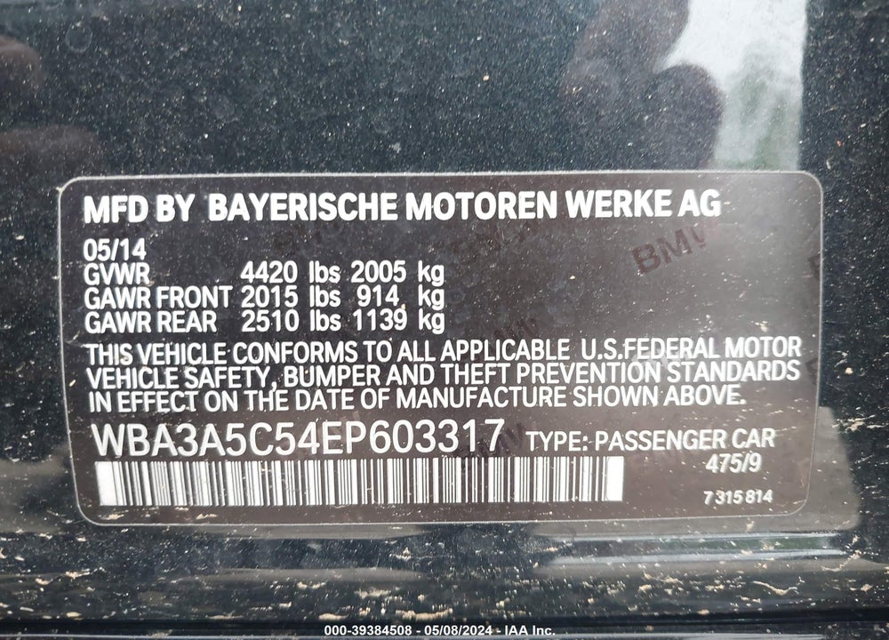 2014 BMW 328I VIN: WBA3A5C54EP603317