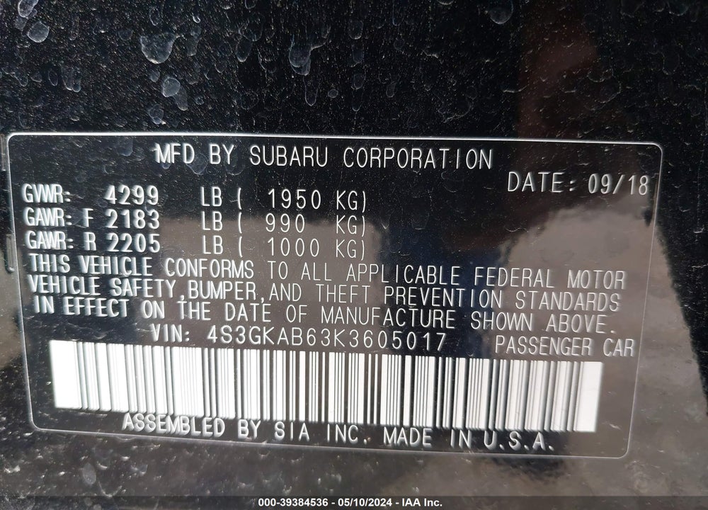 2019 SUBARU IMPREZA 2.0I VIN: 4S3GKAB63K3605017